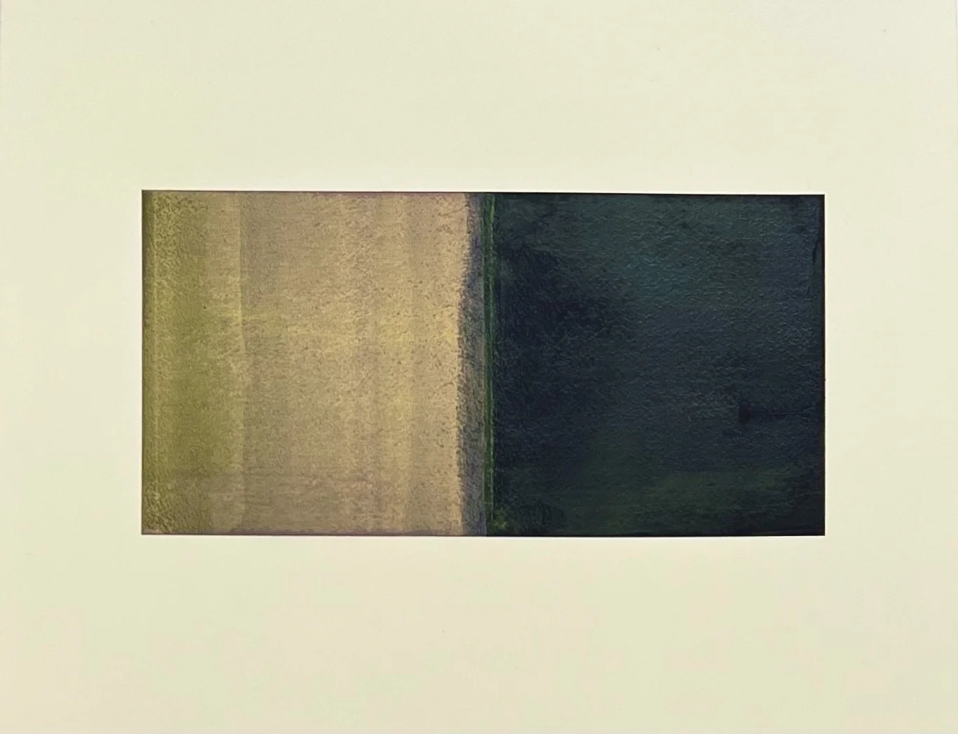 Abstract painting with a horizontal division; the left side is beige with subtle textures, the right side is dark green with a textured surface.