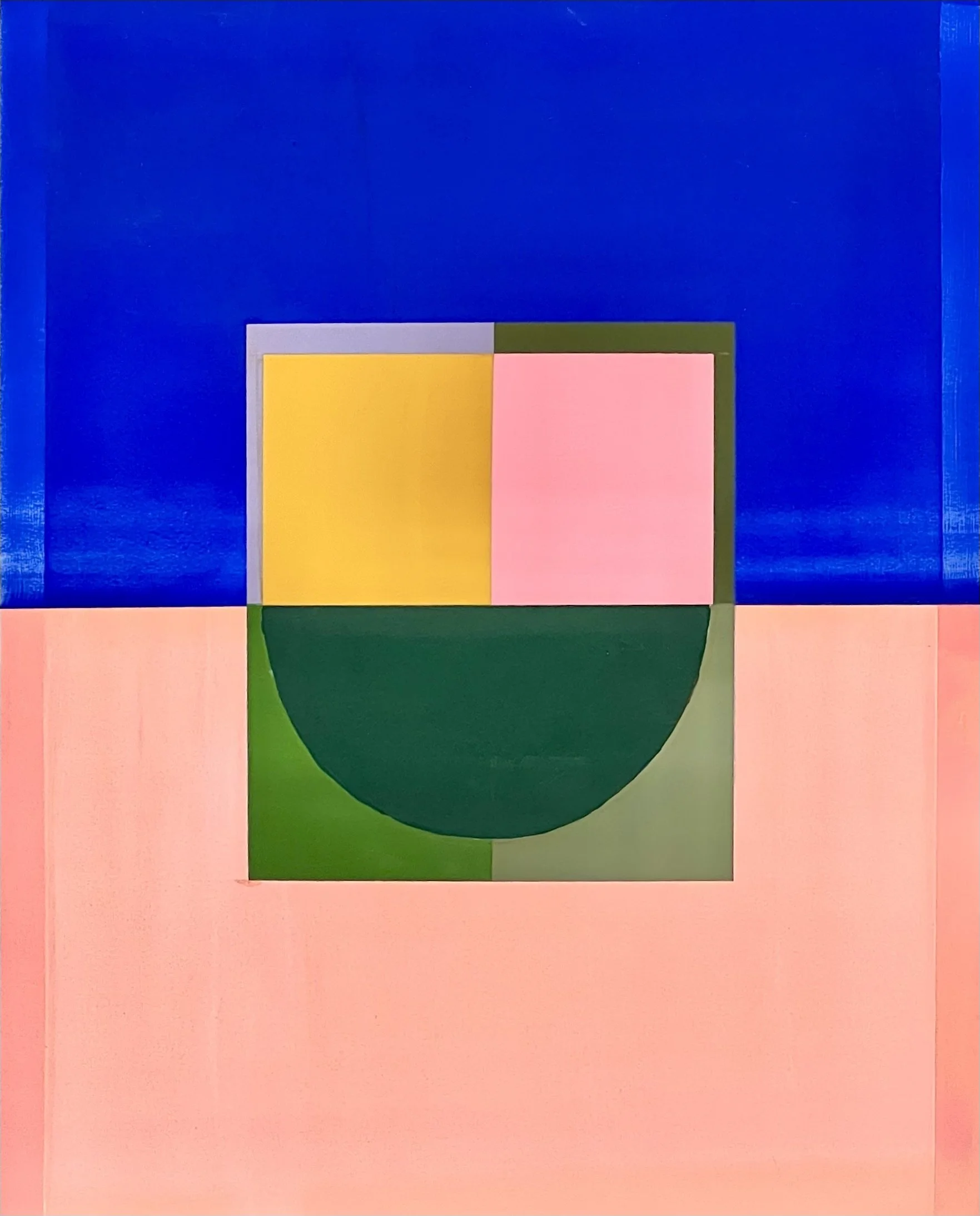 Abstract geometric art with a large blue background, a central composition featuring a half green circle and rectangular pastel shapes in pink and yellow, arranged within a square layout.