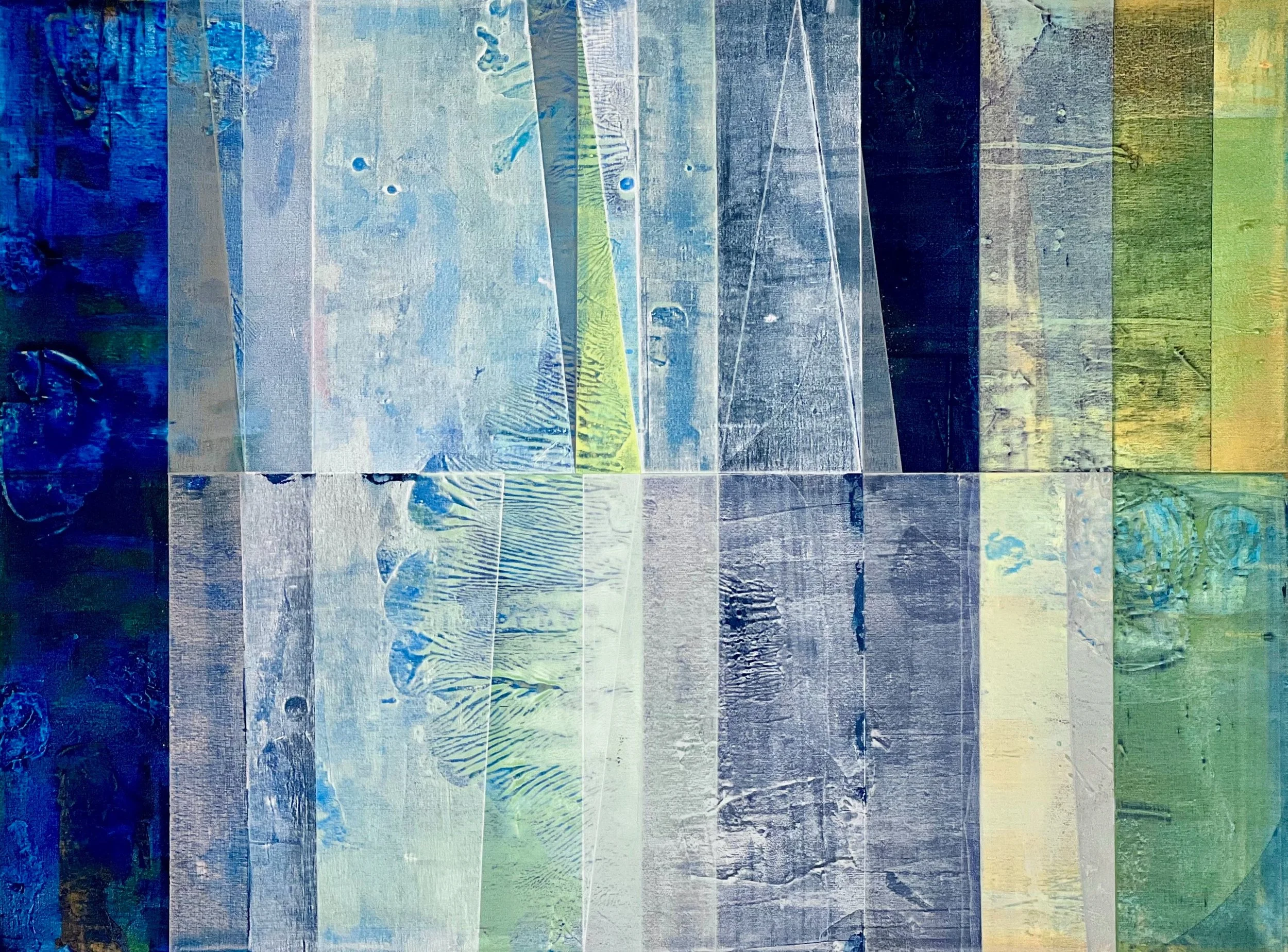 Abstract art piece with rectangular and square colored sections in blue, gray, green, and yellow hues, featuring textures and patterns that resemble wood grain and brush strokes.