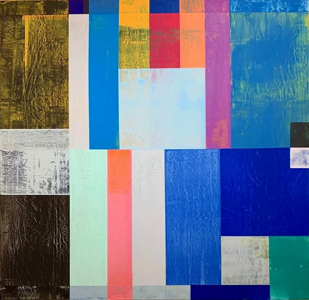 Abstract art composed of colorful rectangular and square blocks in shades of blue, pink, green, yellow, black, white, and red.