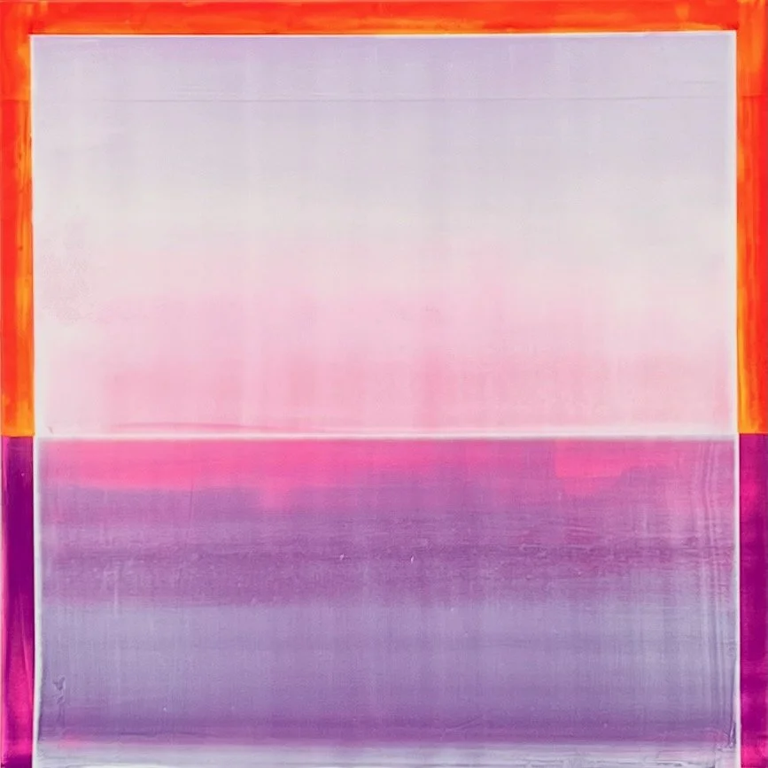 Abstract painting with a large white square at the top, a pink band below it, and a purple band at the bottom, all framed with orange and purple borders.