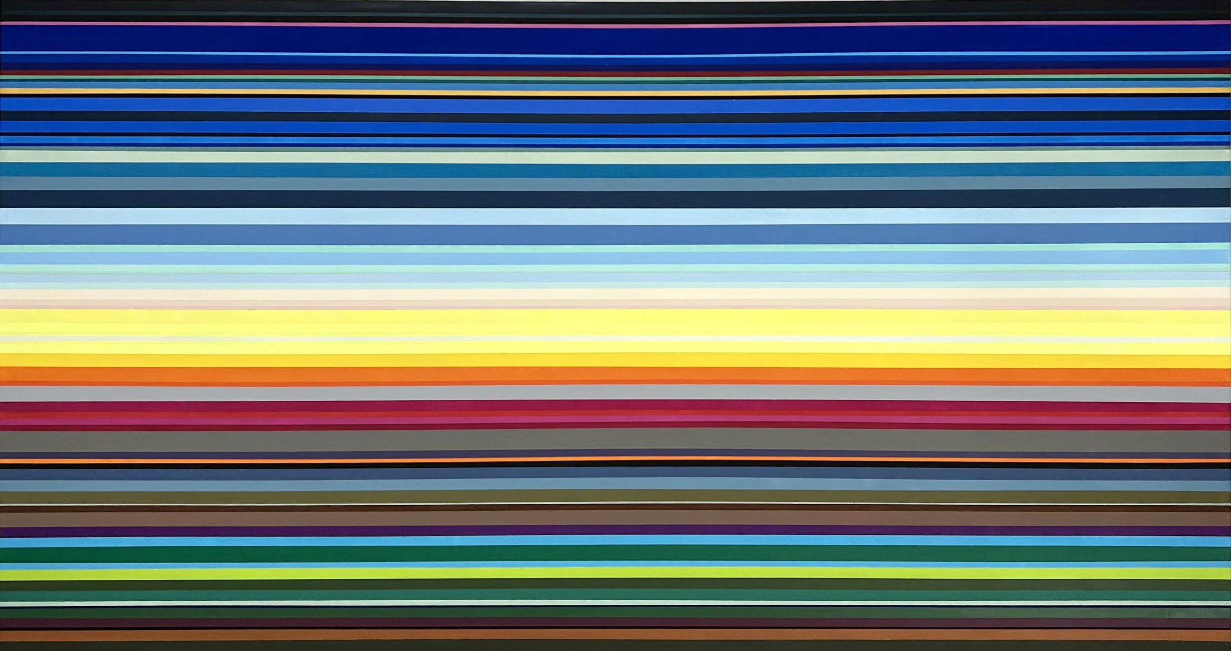 A colorful abstract painting featuring horizontal stripes in various shades of blue, yellow, orange, pink, purple, green, and brown.