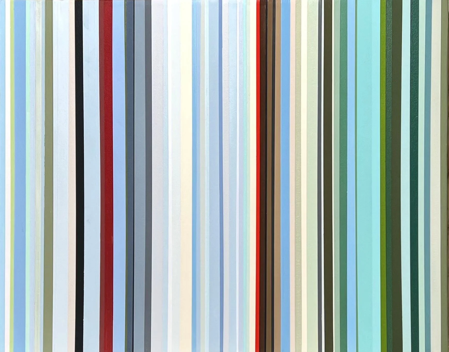 Abstract artwork with vertical stripes in blue, red, black, gray, white, and green colors.