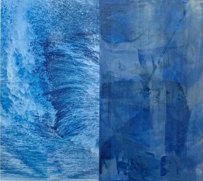 Close-up of two different textured blue surfaces side by side, one with a wave pattern and the other with an abstract, uneven paint or fabric texture.