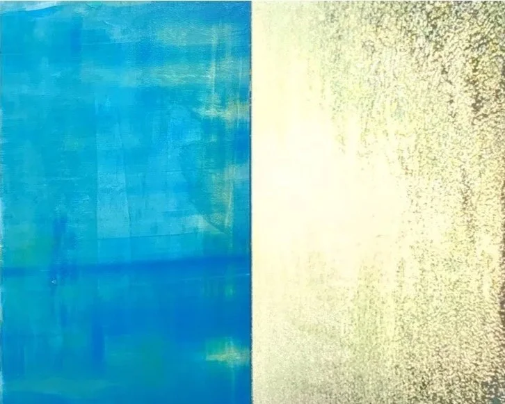Abstract painting with a large blue section on the left and a smaller yellow-green section on the right.