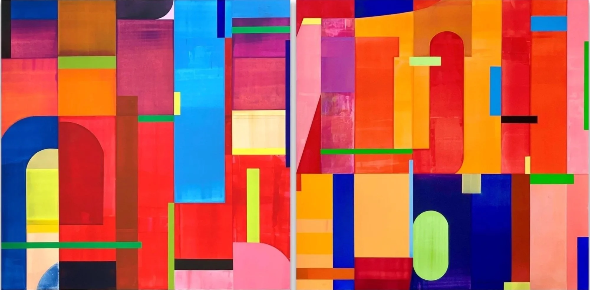 A large colorful abstract geometric painting with various rectangles, squares, and arches in red, blue, yellow, green, pink, and black.