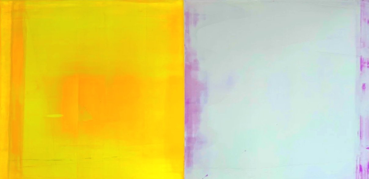 Abstract artwork with bright yellow and orange colors on the left and pastel purple and white colors on the right.