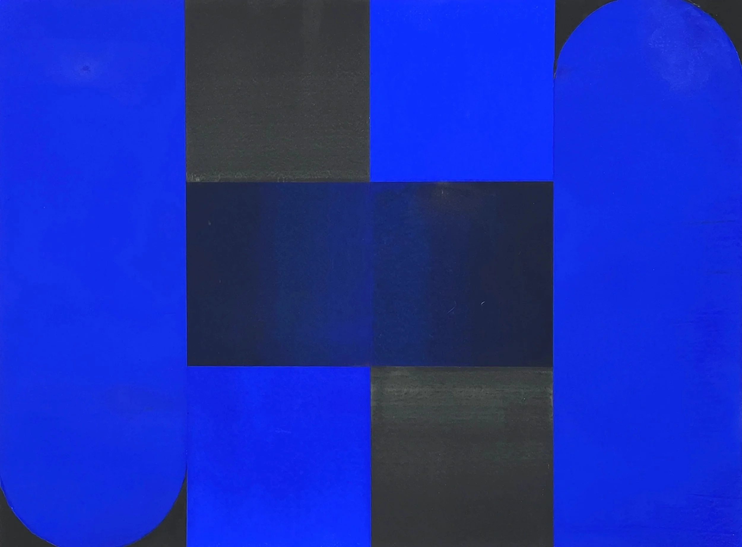 Abstract artwork featuring various shapes in shades of blue, black, and dark gray, including rectangles, squares, and curved elements.