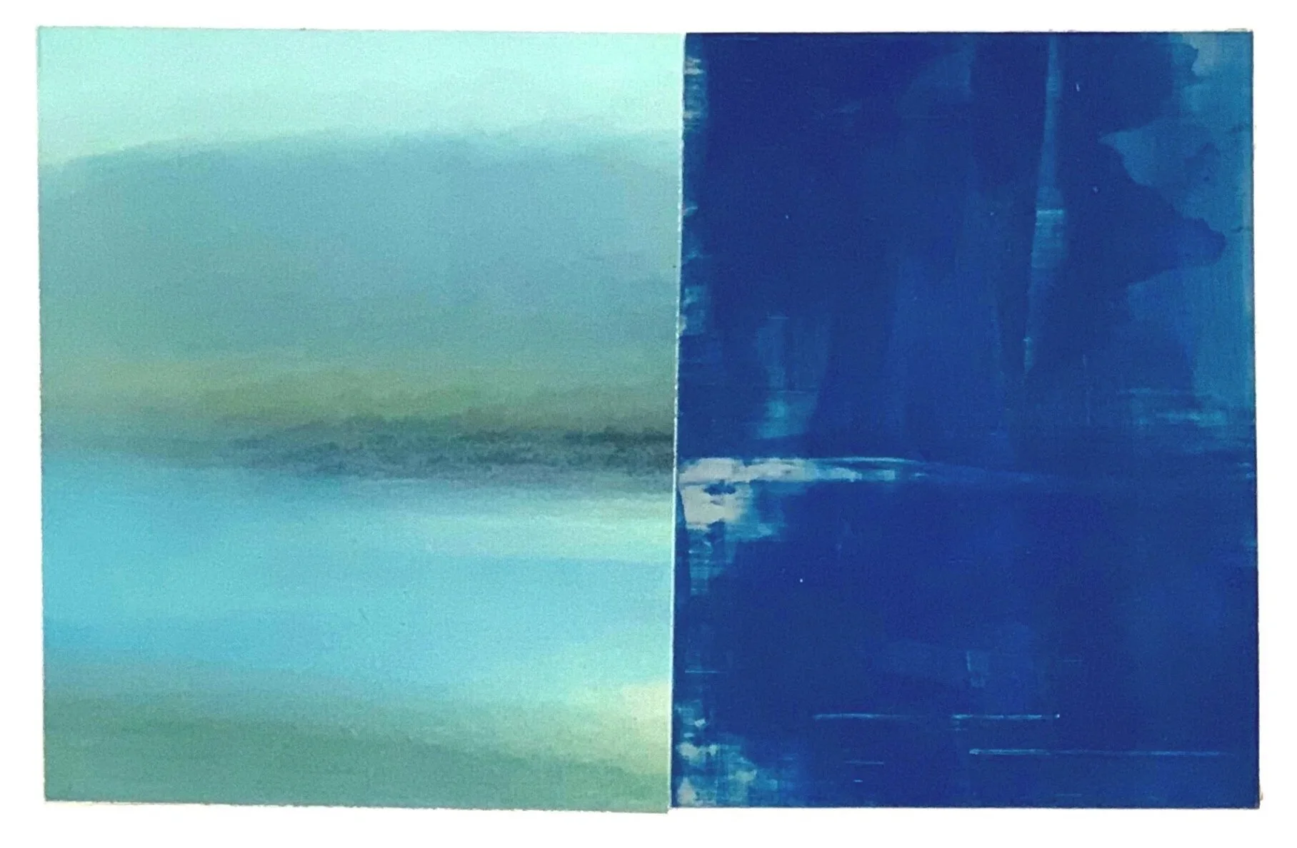 A split image with abstract landscapes. The left side depicts a serene scene with pastel colors and soft horizontal lines, resembling a calm water and sky scene. The right side shows a darker, more turbulent scene with shades of blue and a jagged hor