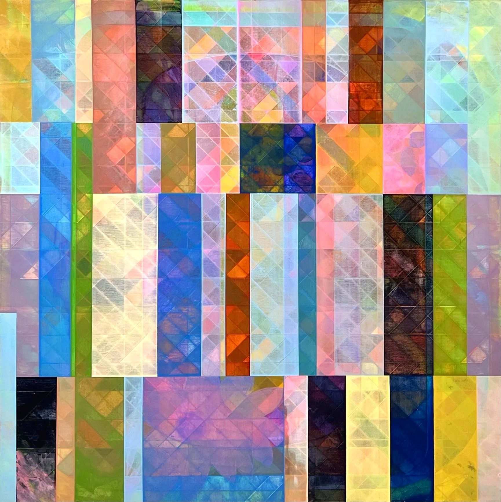 A large, square multi-color painting composed of 4 rows of varying heights broken into strips of different colors to resemble colors refracting through a prism.