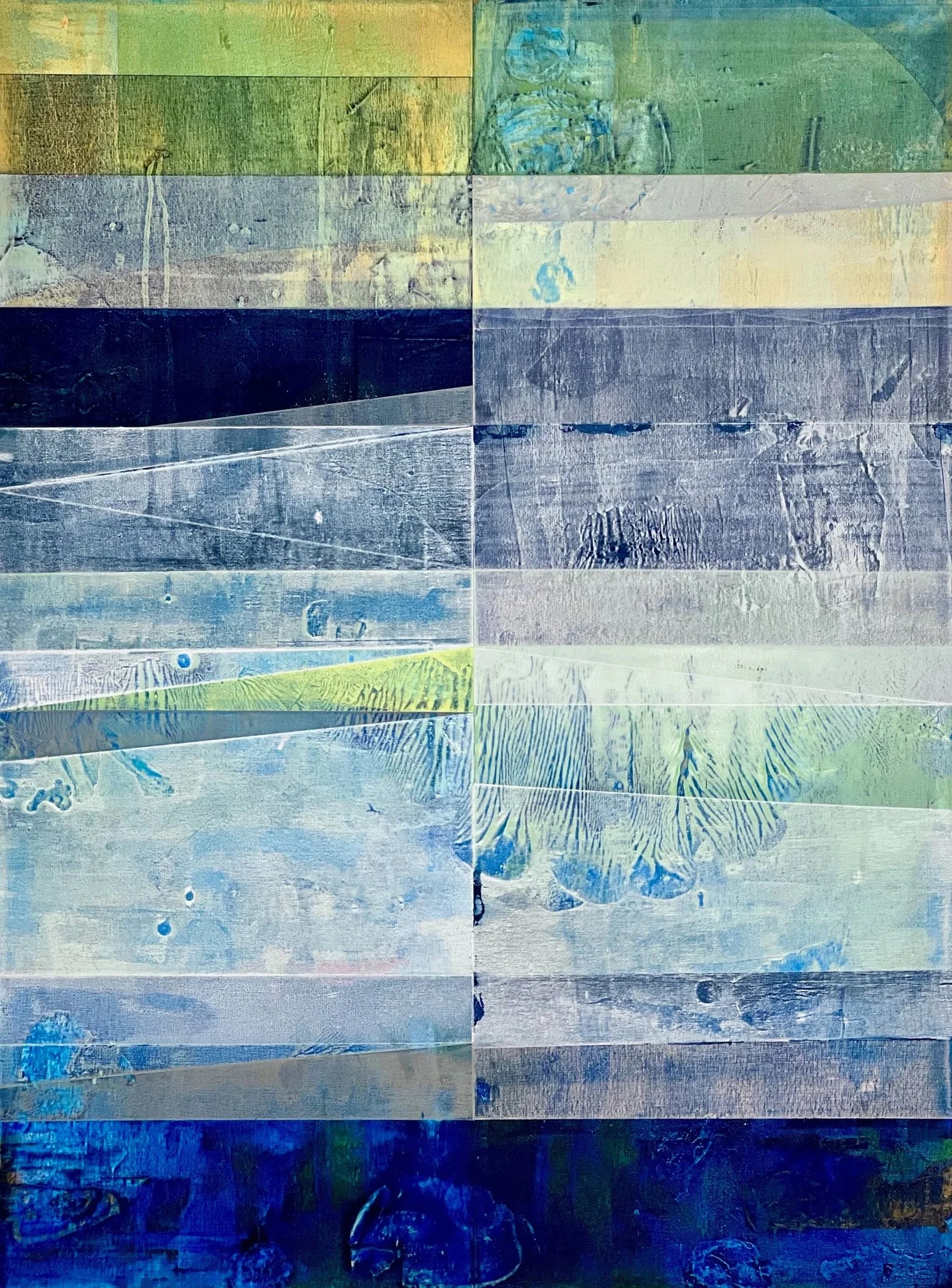 Abstract art piece with rectangular and square colored sections in blue, gray, green, and yellow hues, featuring textures and patterns that resemble wood grain and brush strokes.