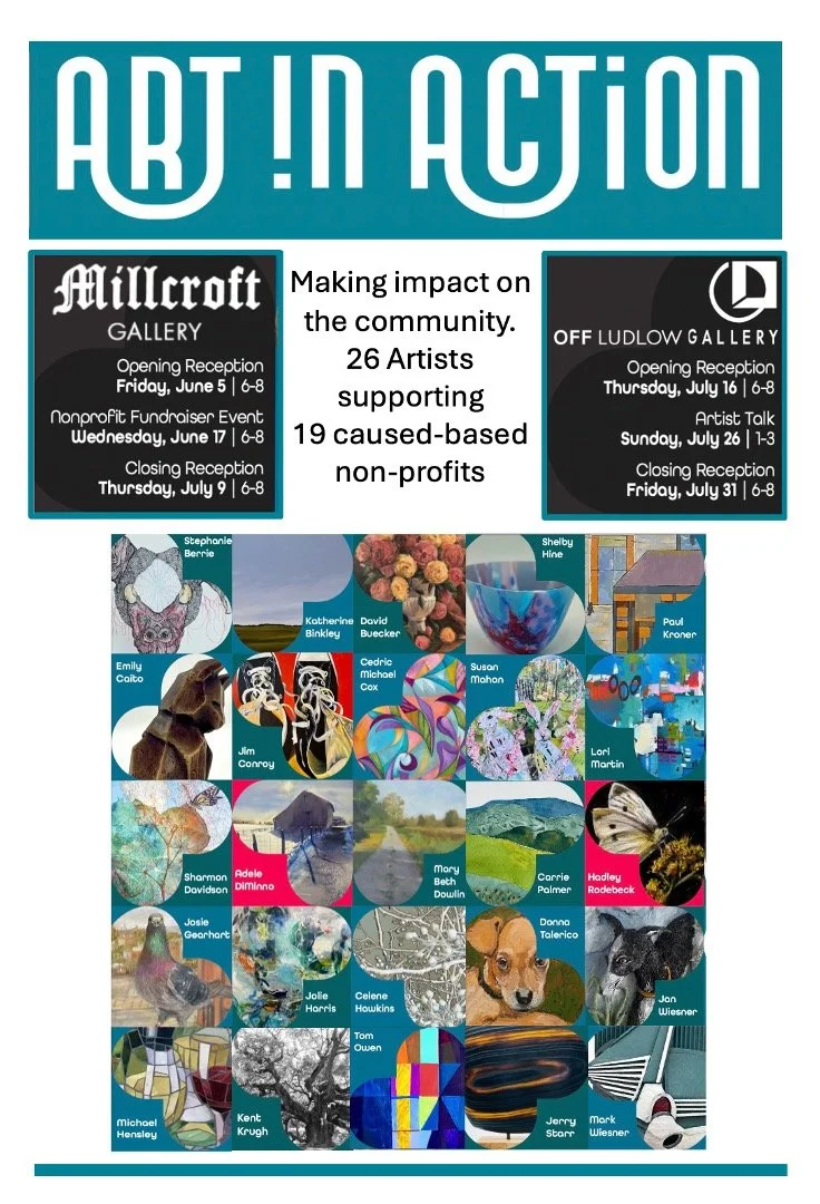 Poster for an art exhibition titled 'Art in Action' featuring various artworks and information about two gallery events. Left side promotes Milleroff Gallery June 15 to June 17, and right side promotes Off Ludlow Gallery with dates July 16 to July 31