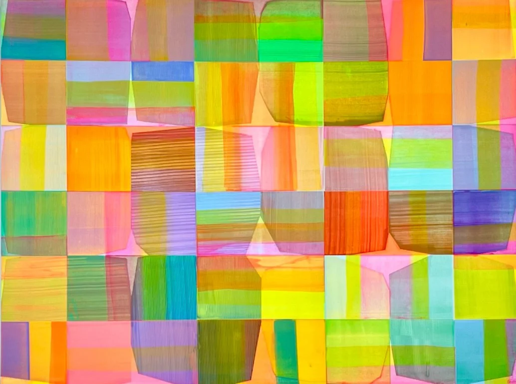 Colorful large abstract painting with overlapping rectangles and lines in bright shades of pink, yellow, green, blue, and orange.