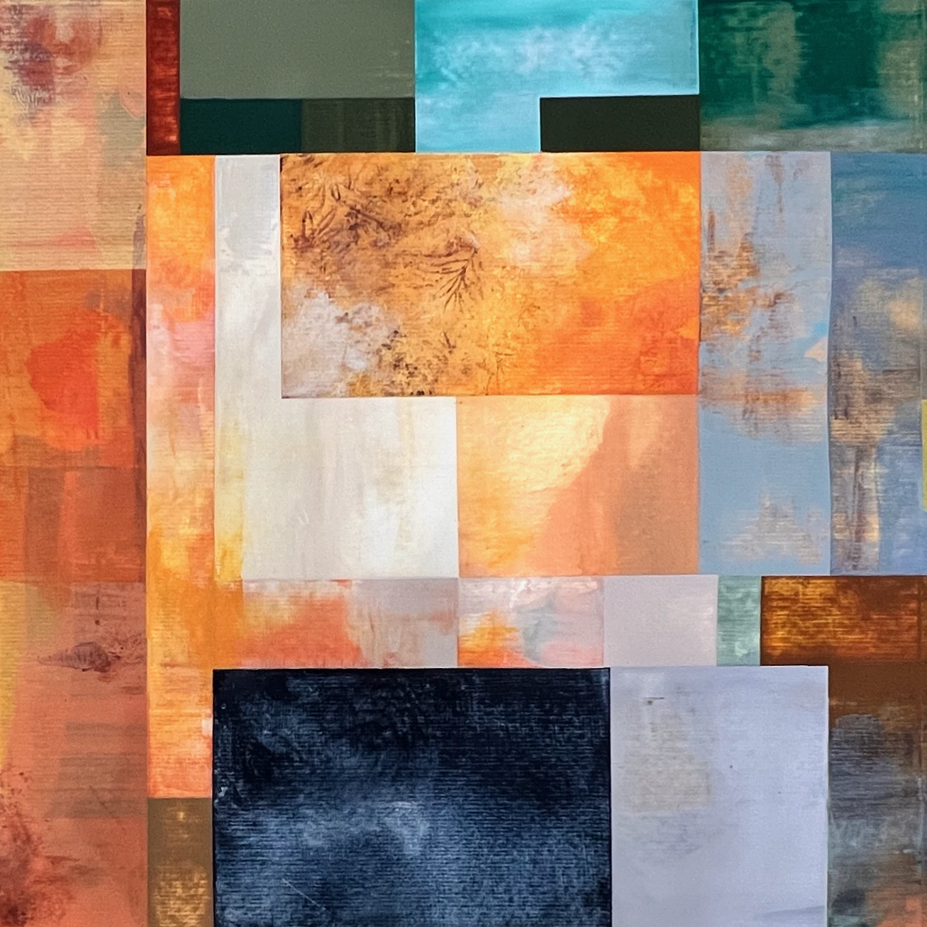 An abstract painting composed of various rectangles in different colors and textures, including shades of orange, blue, green, black, and white.