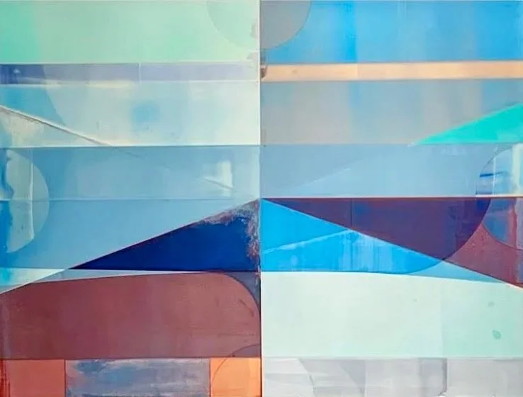 Abstract geometric mural with various shades of blue, red, green, and beige. The design features overlapping shapes and lines.