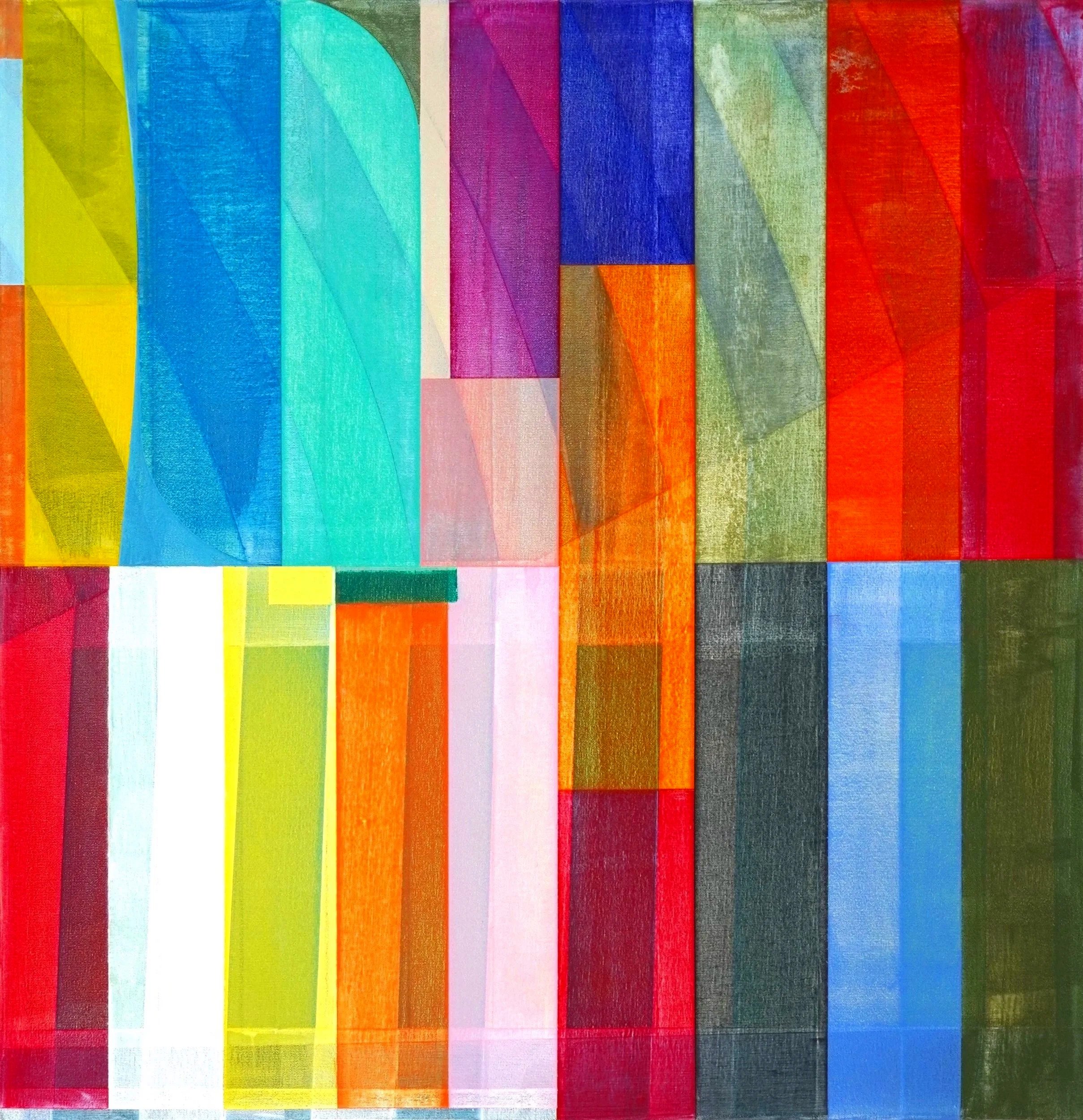 An abstract painting composed of colorful vertical and diagonal rectangular shapes in shades of red, orange, yellow, green, blue, purple, and pink.