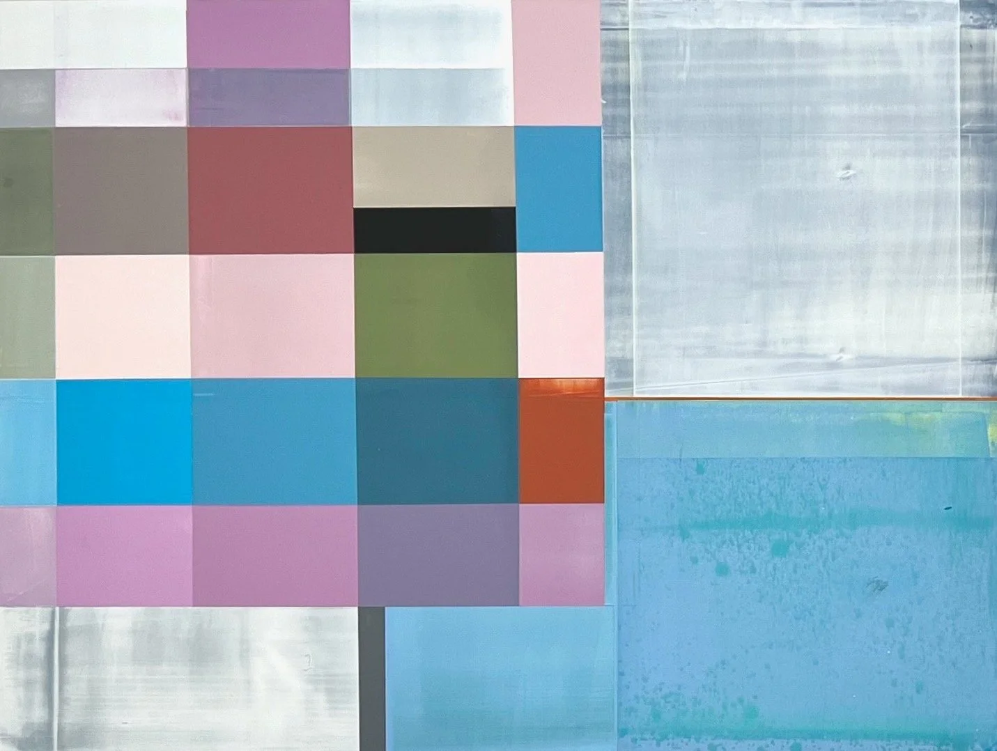 A rectangular painting with colorful square panels arranged in a grid pattern, with some panels in light pastel colors and others in darker shades, adjacent to a large transparent glazes of blues and whites that resembles a glass window.