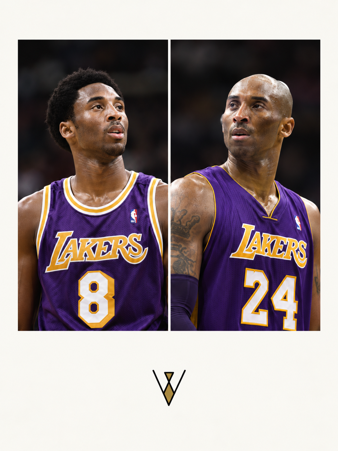 Two basketball players in purple Lakers jerseys, number 8 and 24, side by side on the court.