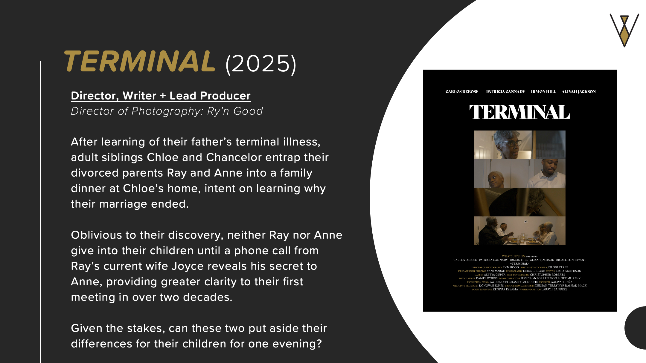 Terminal (2025). Director, Writer, and Lead Producer. Director of Photography: Ry'n Good.