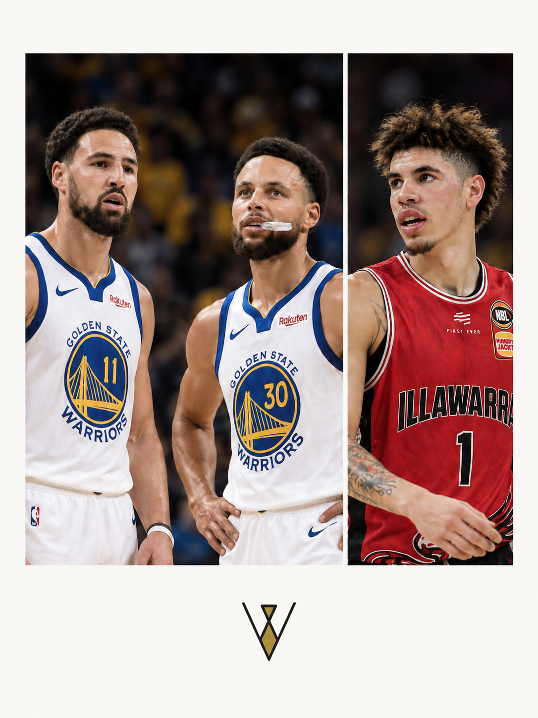 Three basketball players, two from Golden State Warriors in white jerseys and one from Illawarra in red jersey, on the court during a game.