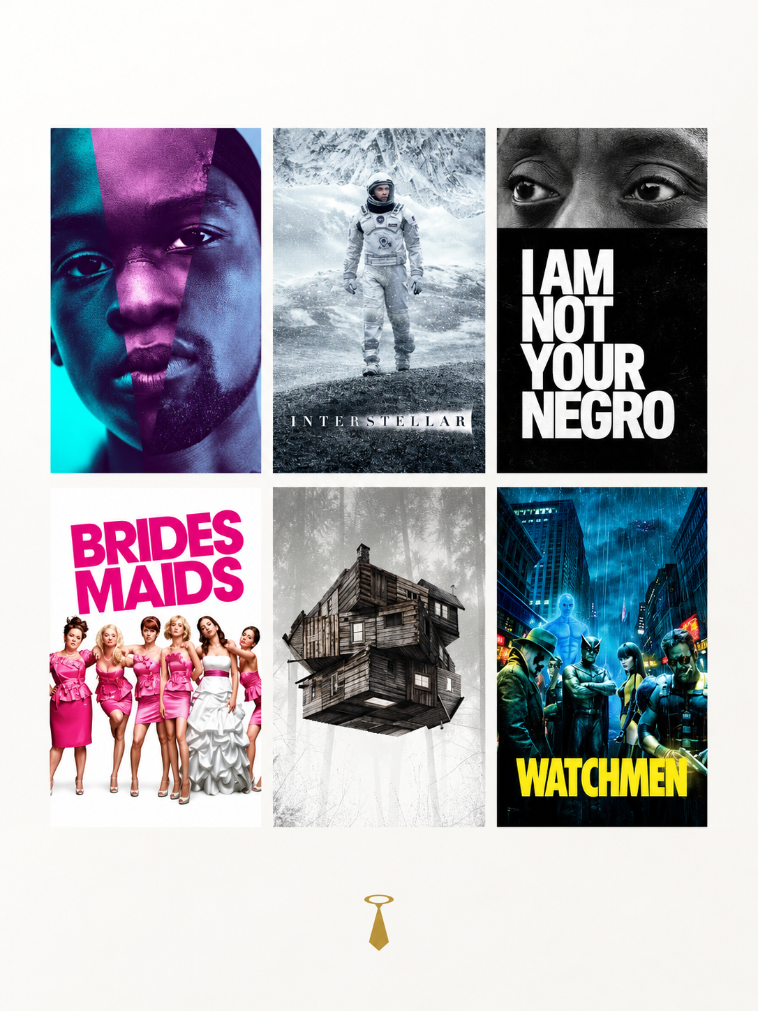 Six movie posters arranged in a 3x2 grid, featuring titles: 'Moonlight', 'Interstellar', 'I Am Not Your Negro', 'Bridesmaids', 'House of the Devil', and 'Watchmen'.