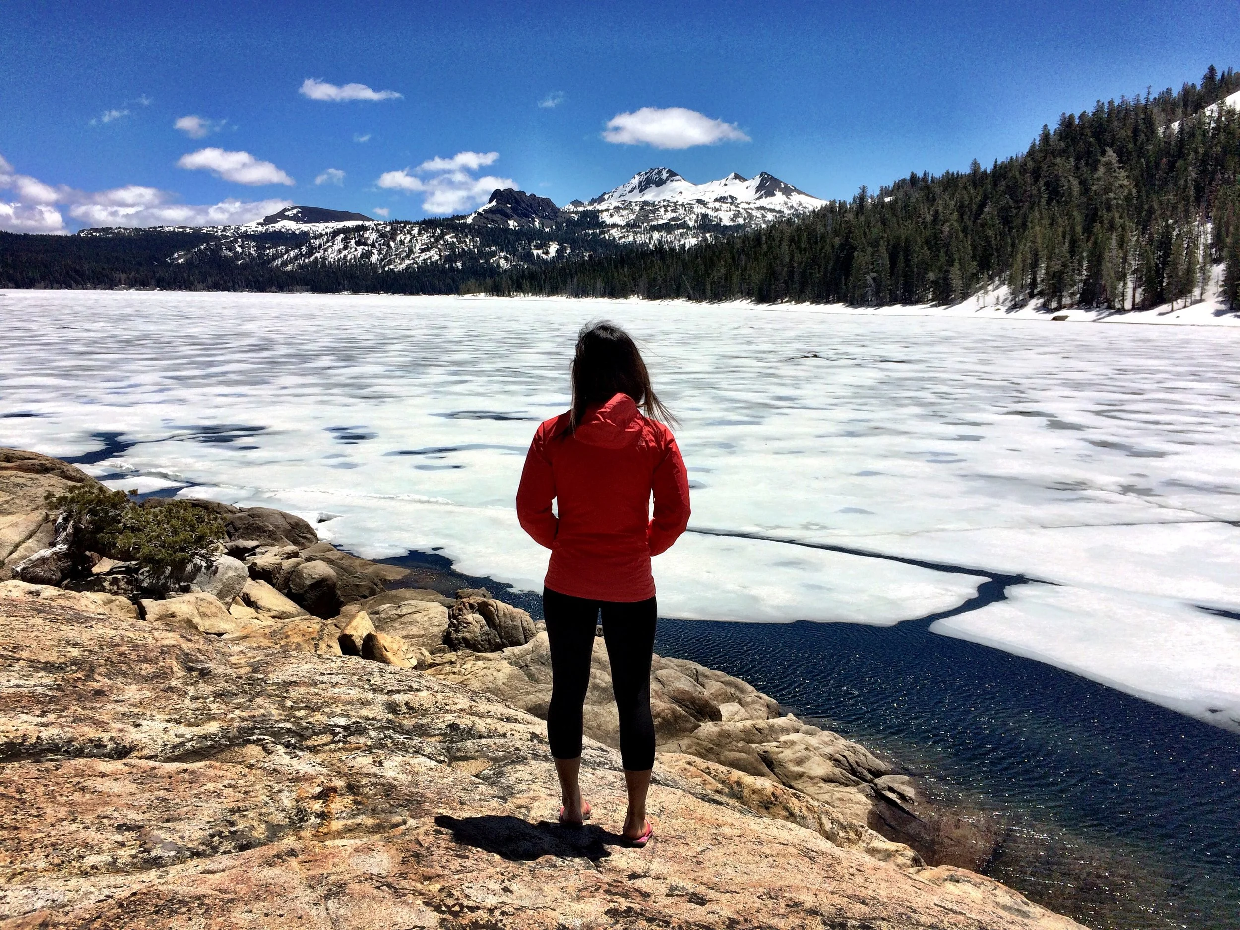 Overlooking the frozen Caples Lake, located some 30 miles south of Lake Tahoe, a popular ice fishing spot in California.