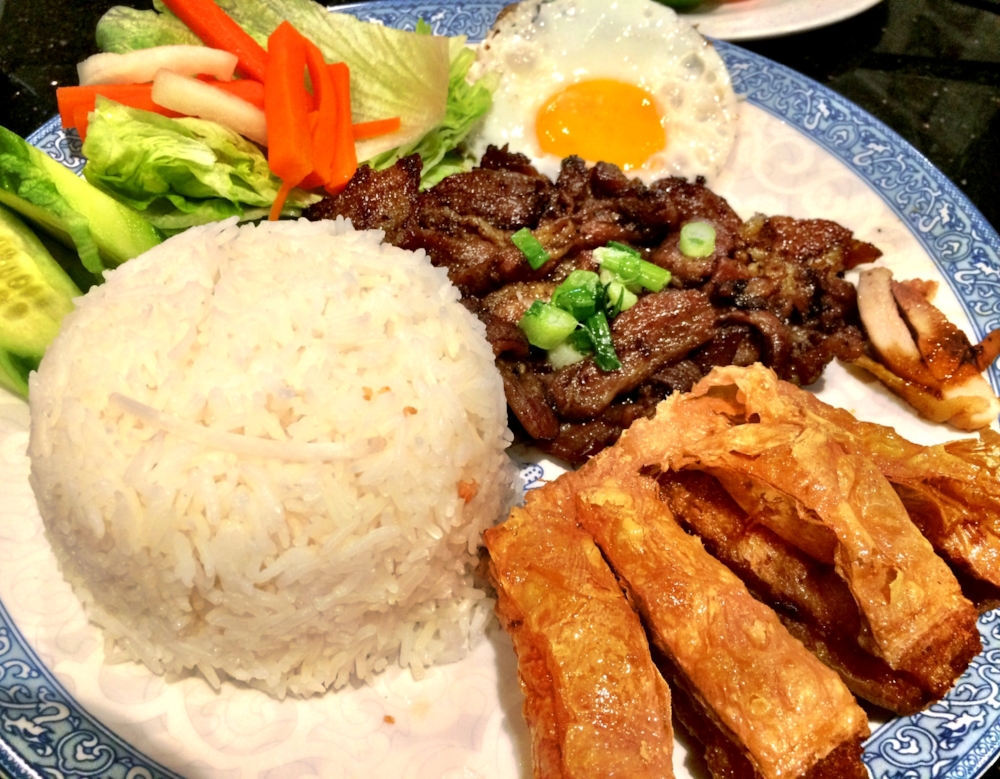 This is a standard Vietnamese rice plate made up of grilled meat, veggies, egg and shrimp cake. Disclaimer: I'm no saint and while I practice eating whole foods as much as possible, I have the occasional piece or two of processed food like the fried and processed shrimp cake here. 