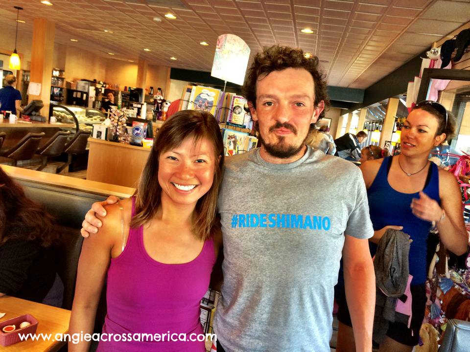 Thrilled beyond words to chat briefly with the legendary Mike Hall in Pig 'N Pancake , a cute breakfast eatery in Astoria, Oregon, a day before the Trans America Bike Race 2014. Mike Hall is the fastest man to circumnavigate the globe on a bicycle in 92 days. In the background is Juliana Buhring, the fastest woman to circumnavigate the globe on a bicycle in 142 days. They both did so in the World Cycle Race in 2012. They would both be large inspirations and influencers in my life as an endurance cyclist.