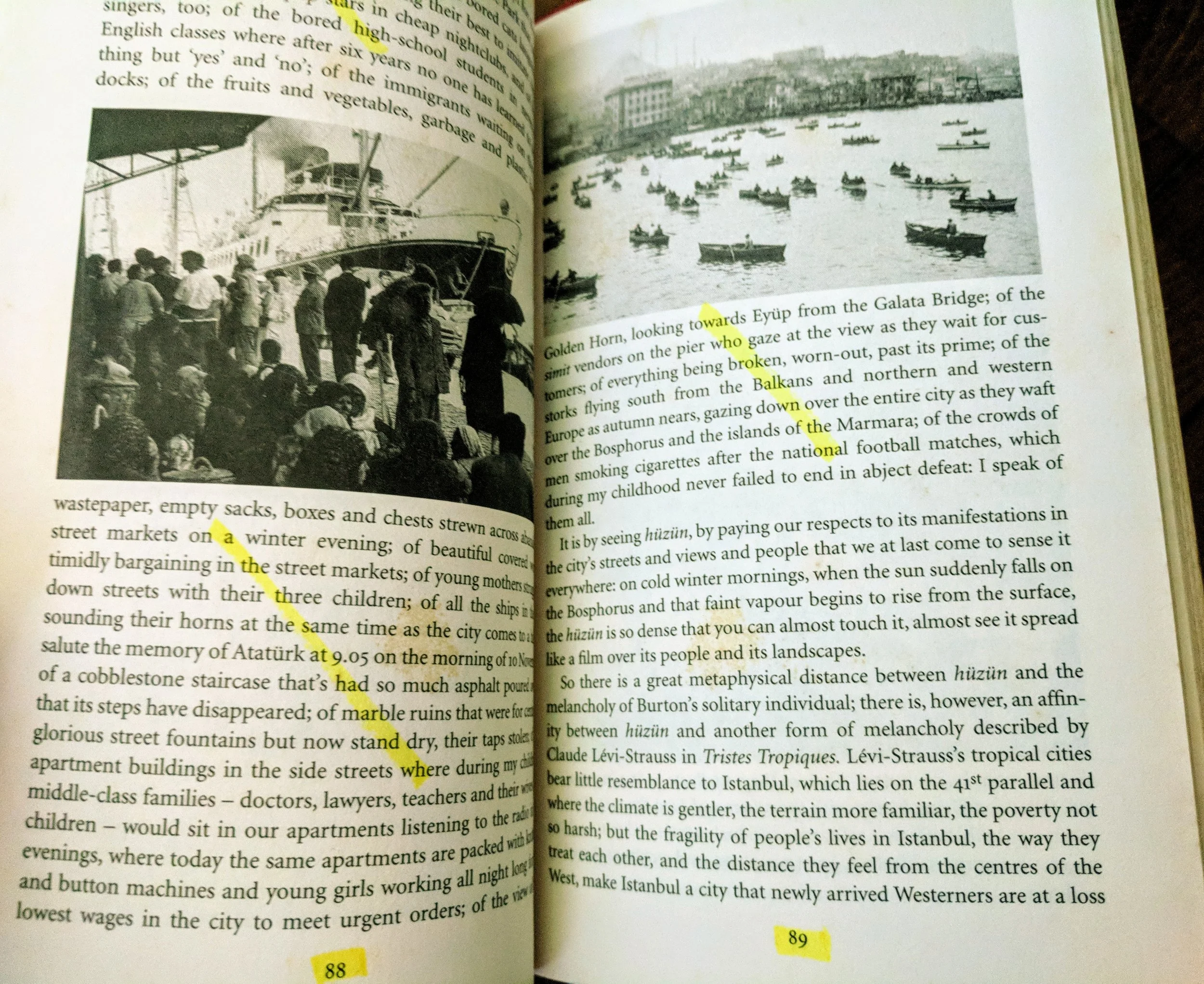 Pages from Orhan Pamuk’s Istanbul, my enjoyment of which are evidenced in the highlights.