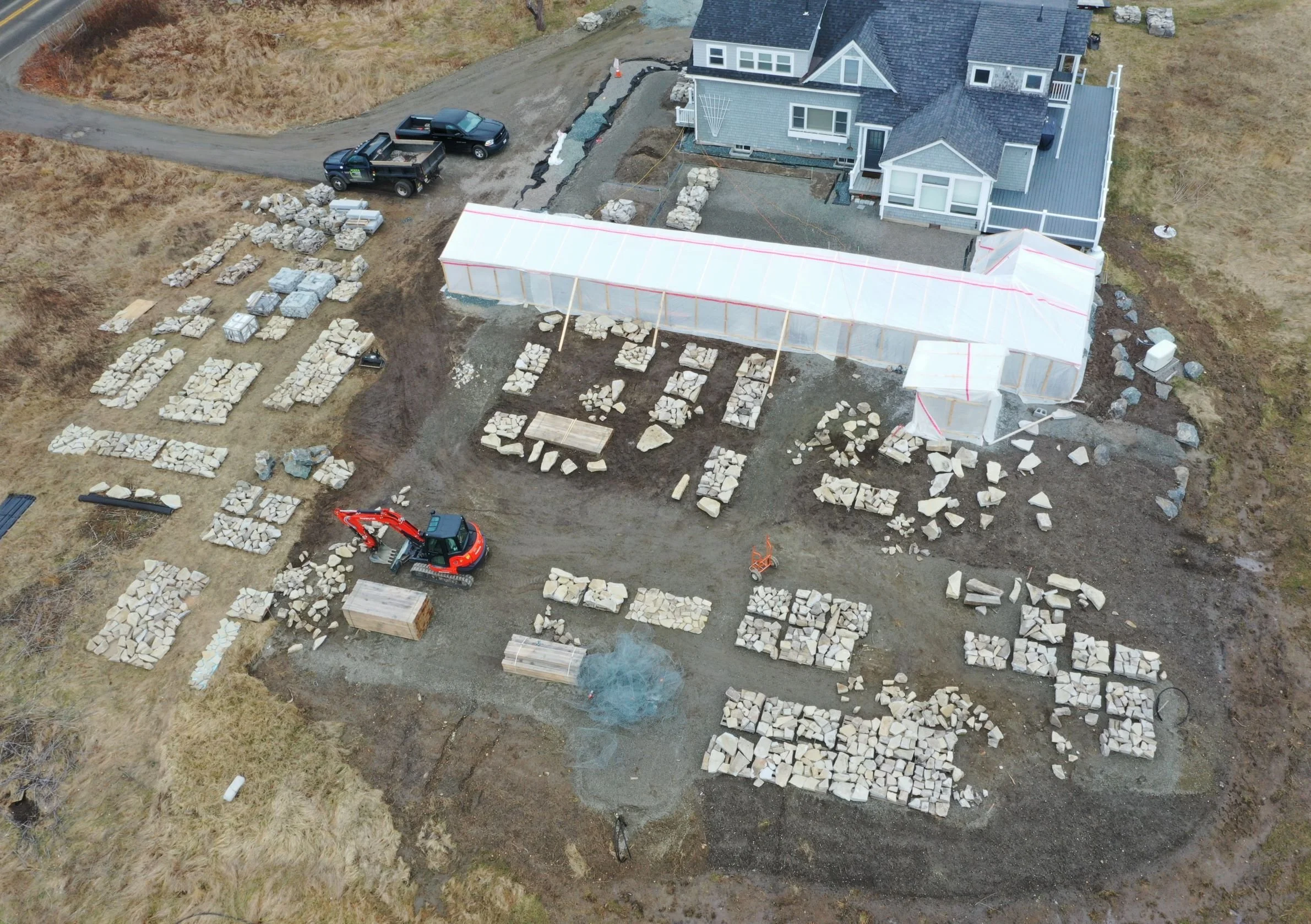 Aerial view of Stonewall construction under the winter tent