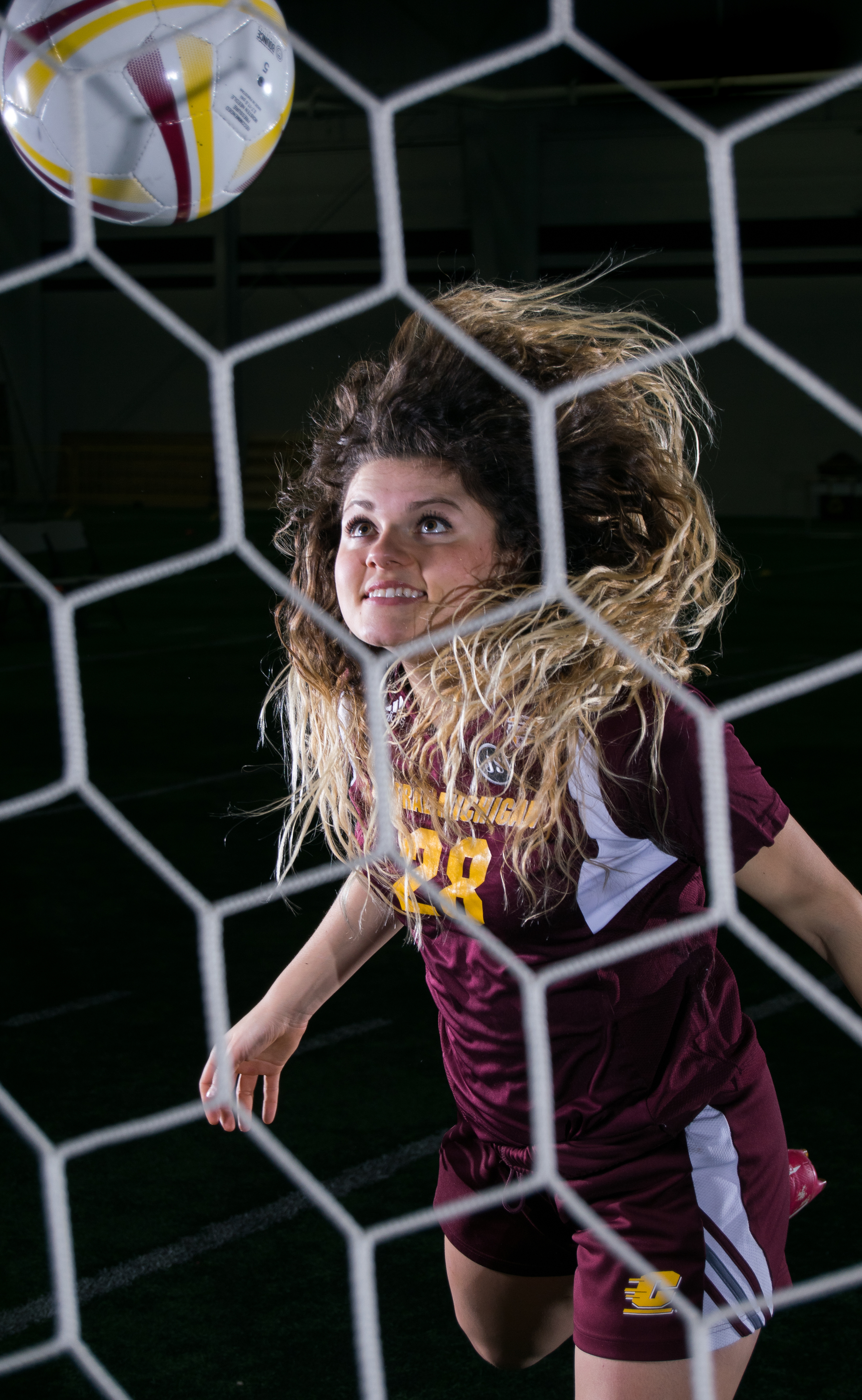 Midfielder, Taylor Potts, Central Michigan University redshirt junior, poses for a photo at the Indoor Activity Center on the campus of CMU in Mt. Pleasant, Mich. on Feb. 13, 2016.