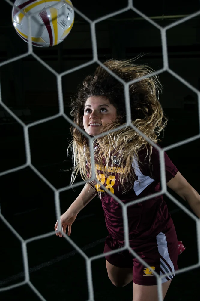 PORTRAIT: Midfielder, Taylor Potts, Central Michigan University redshirt junior, poses for a photo at the Indoor Activity Center on the campus of CMU in Mt. Pleasant, Mich. on Feb. 13, 2016.