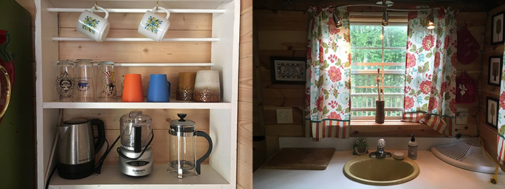 Coffee, tea, sugar and press provided. Kitchenette includes hot water, electric burner, toaster oven, electric skillet and mini fridge.