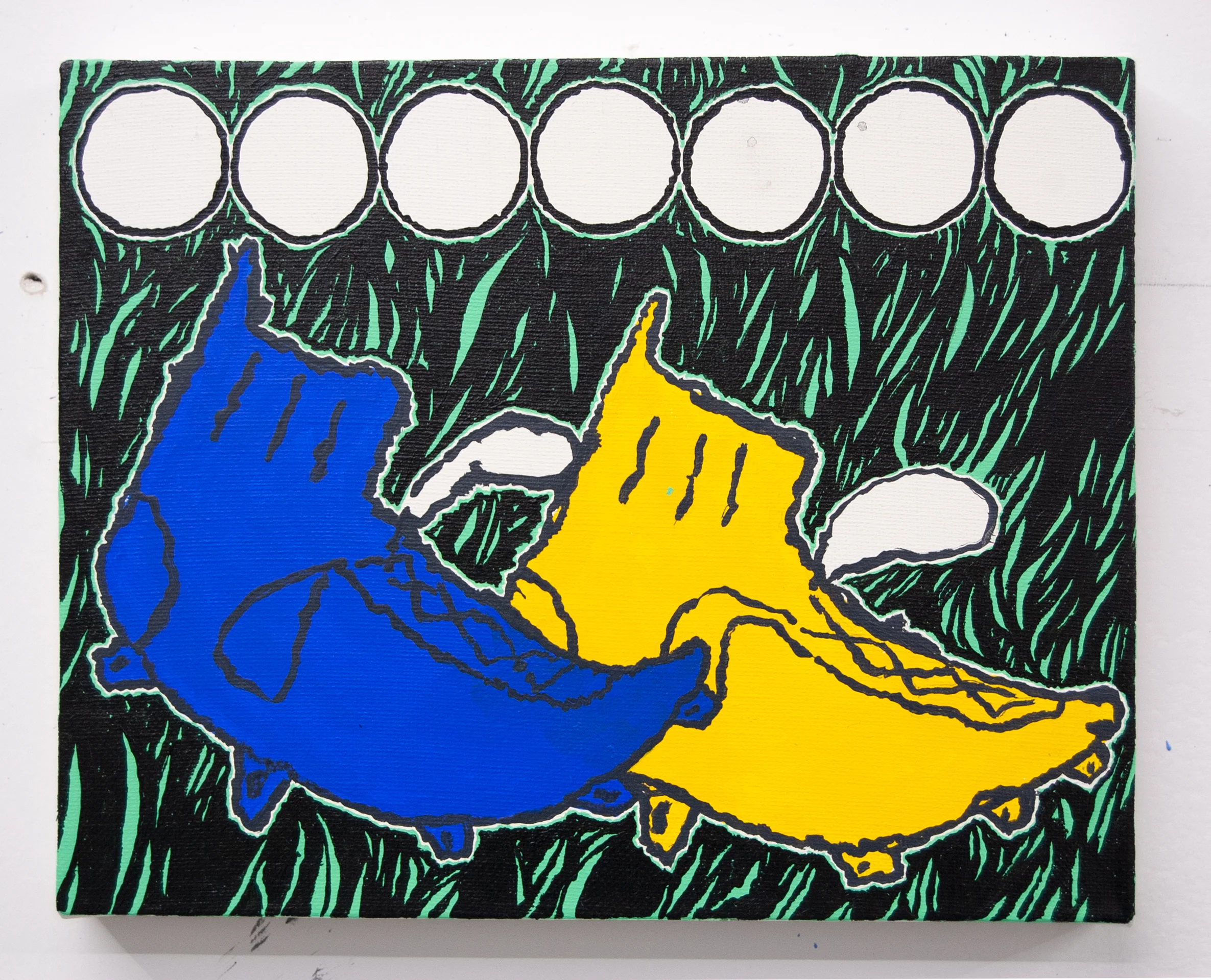 “Boots in Blue and Yellow,” acrylic on canvas, 10 x 8 inches, 2019