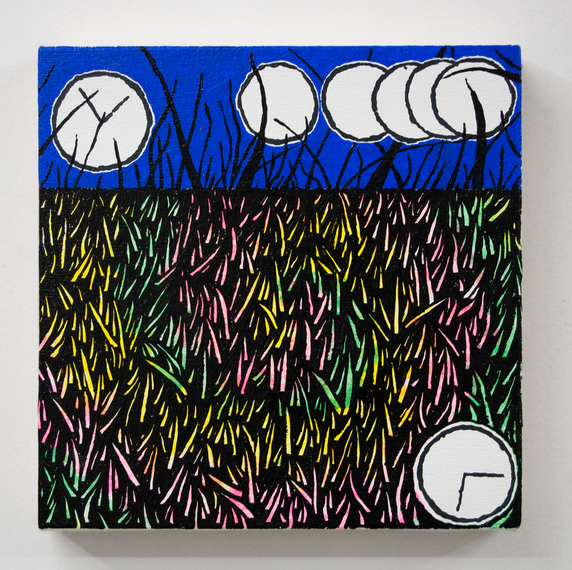 “Tie-Dye Wolf (11:11 or 3:32),” acrylic on canvas, 10 x 10 inches, 2019