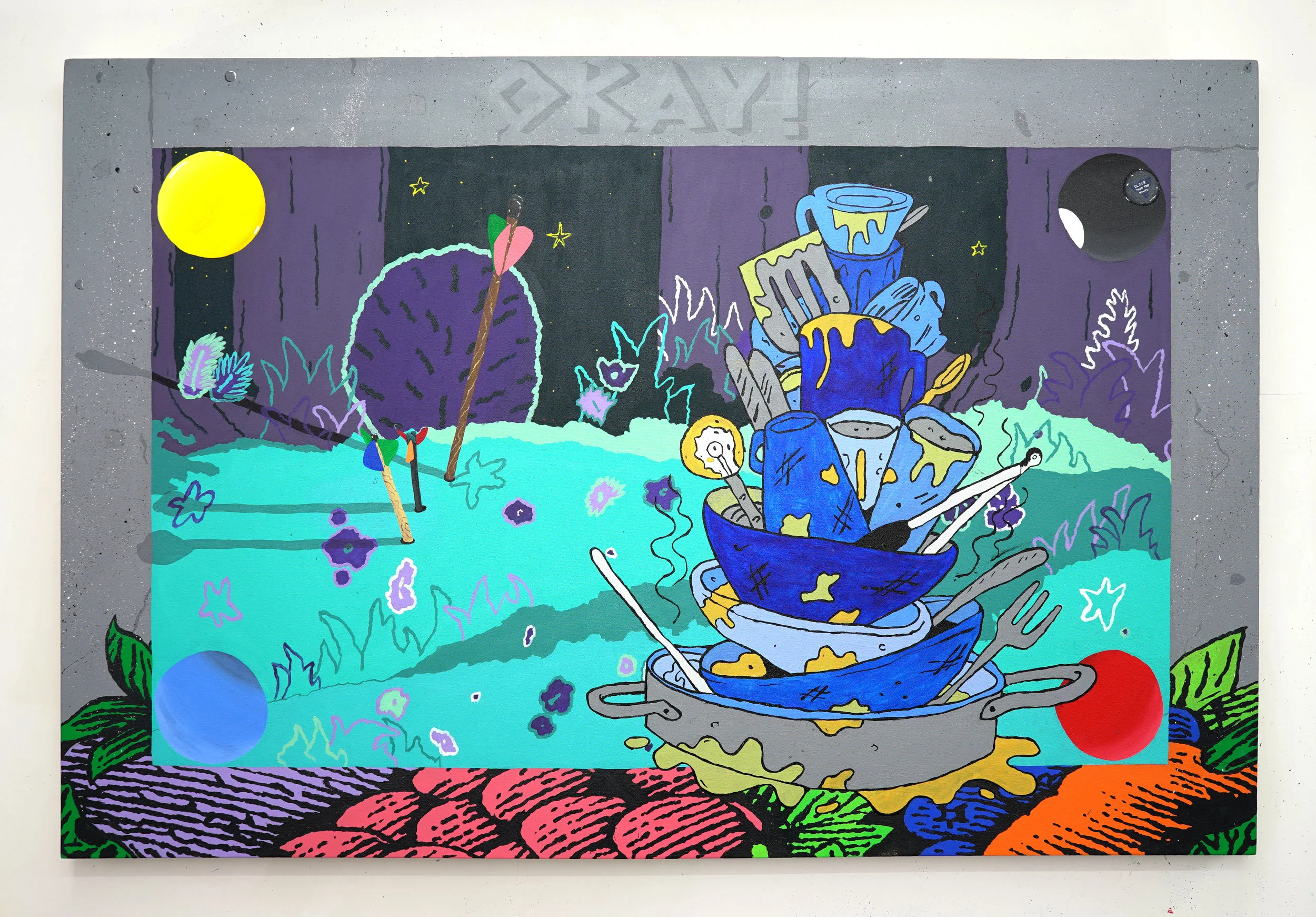 “Agita! (Health Nut Heartburn),” acrylic on canvas, 40 x 60 inches, 2018