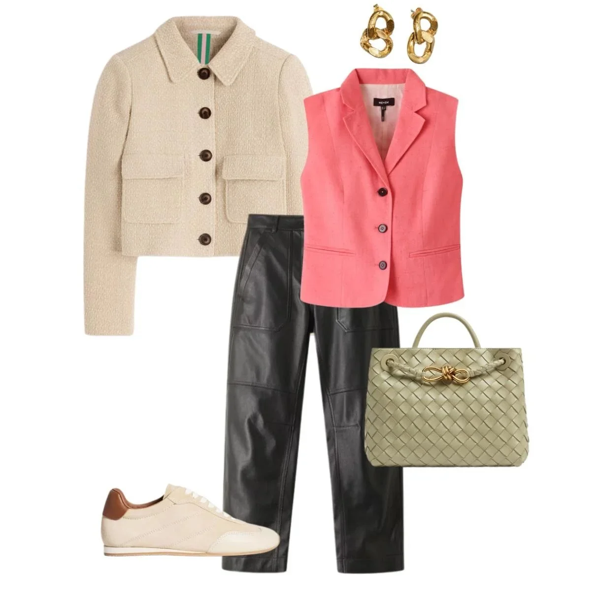 Spring doesn't have to be soft. 🧡
Yes, your palette is warm and fresh &mdash; but it can also be bold, modern, and completely electric.
A coral sleeveless vest balanced with deep brown-black leather trousers. Add trainers and a light green bag and s