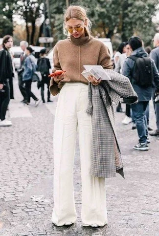Turtleneck and Wide-Leg Trousers
