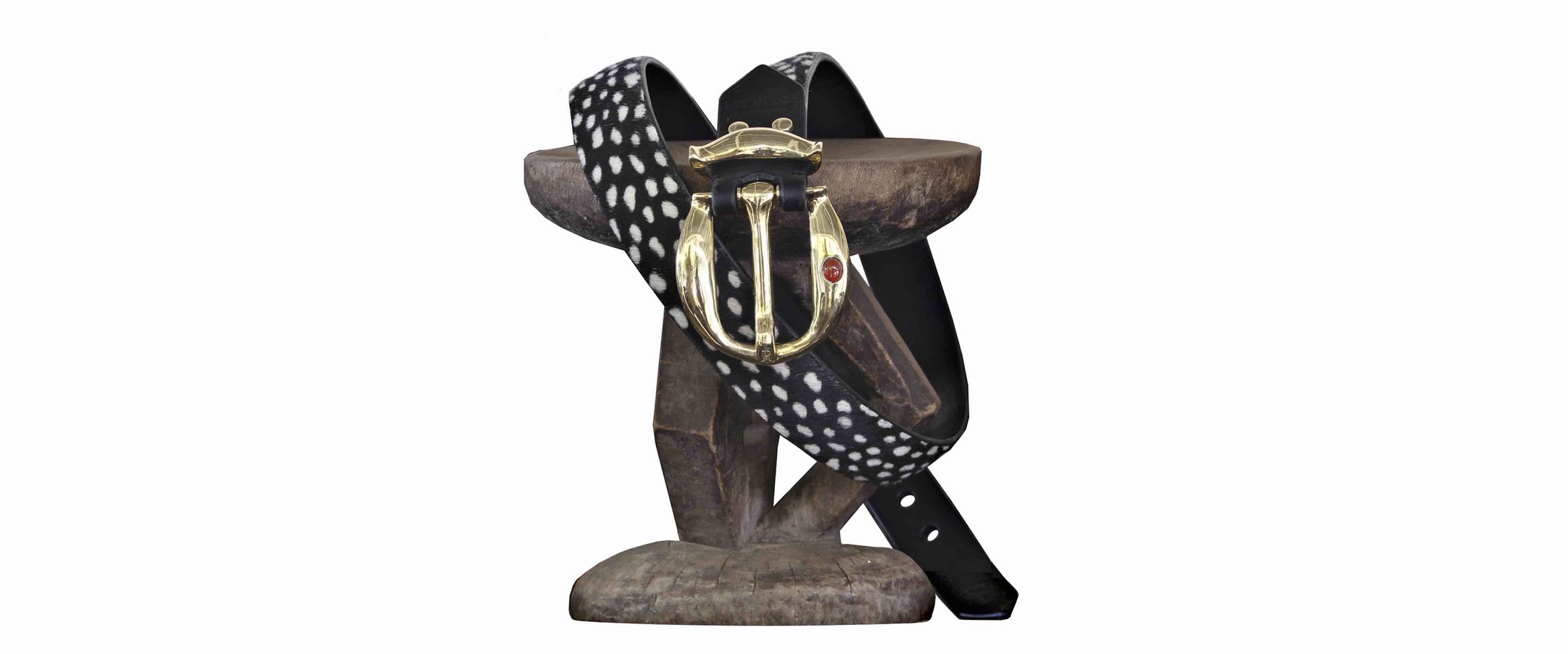 Guinea Fowl print ladies belt with brass buckle, hand-cast and set with a carnelian cabochon, representative of the bird's red wattle.