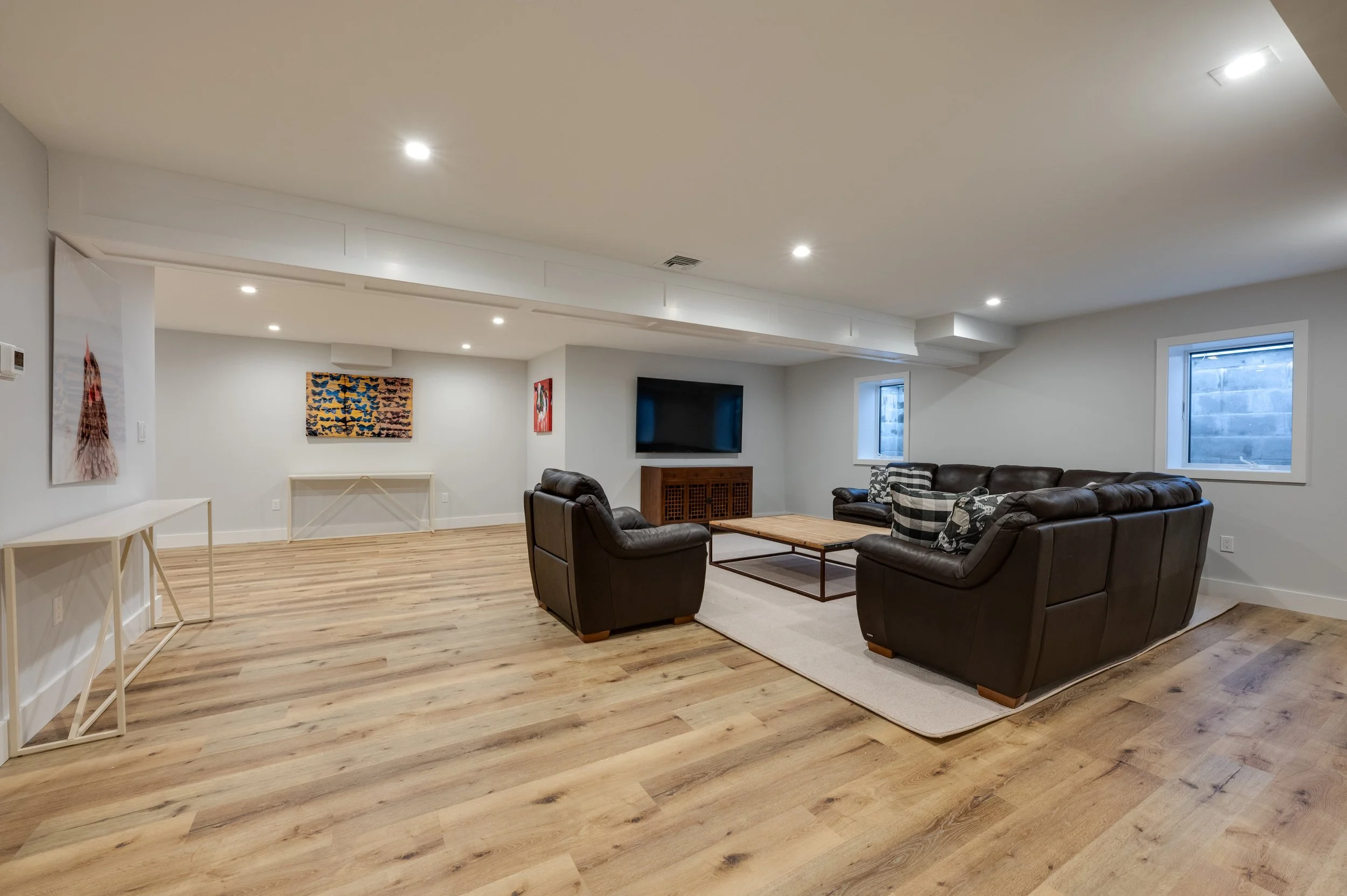 Wide open lower level TV room and entertainment space.