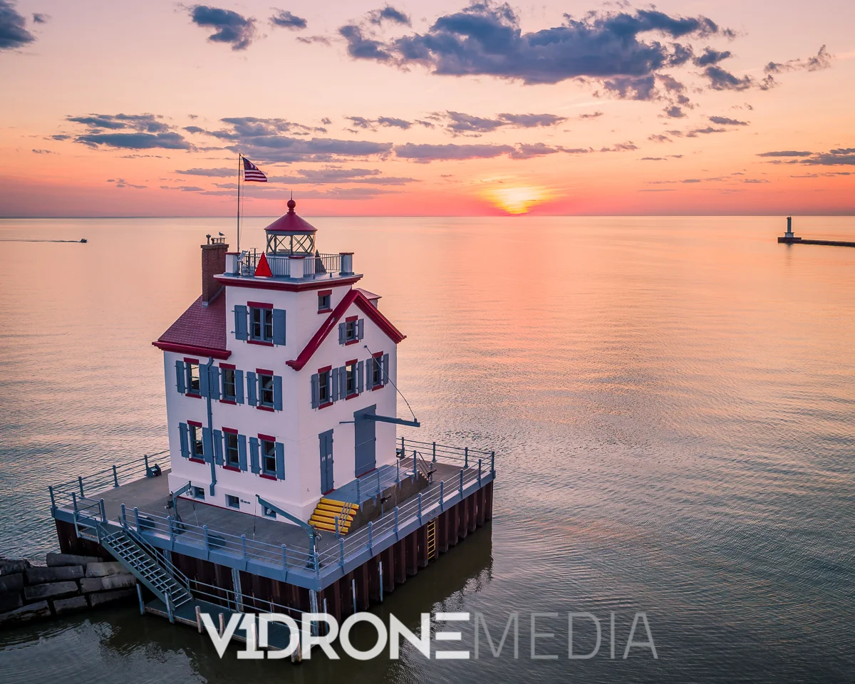 Lorain Lighthouse in Lorain, Ohio Taken With A Drone At Sunset