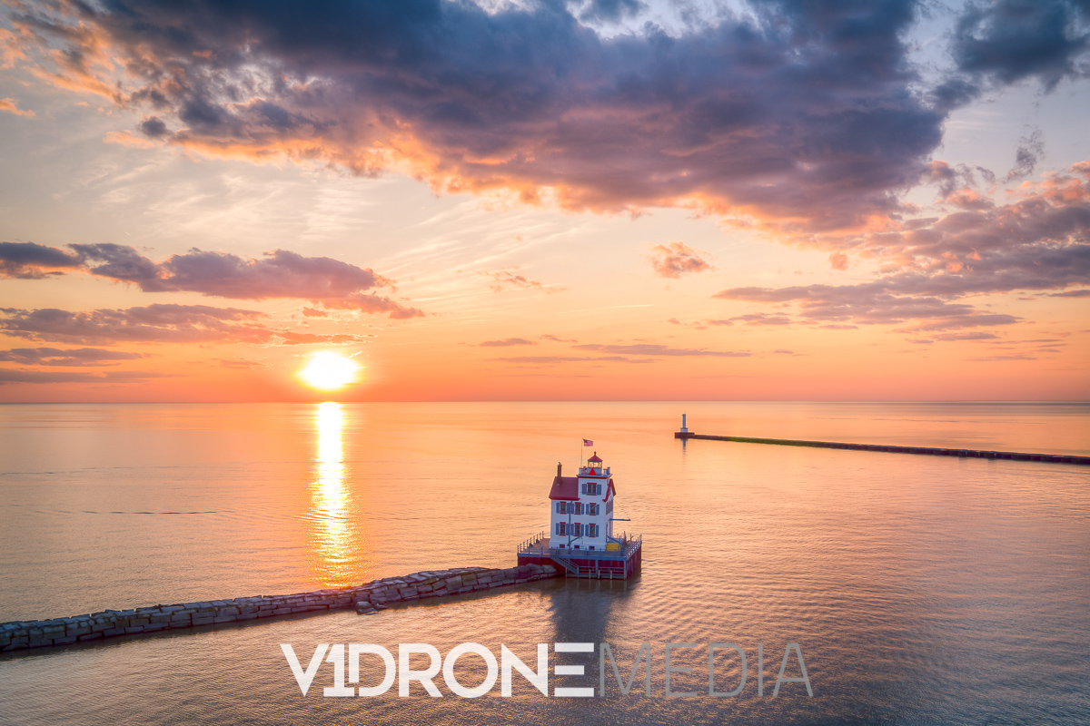 Drone Sunset Photo of the Lorain Lighthouse on Lake Erie