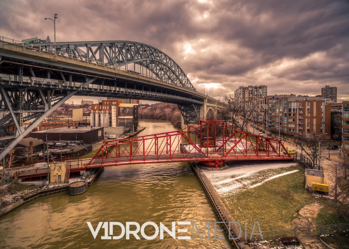 Drone Photo of Detroit Avenue and Center St. Bridges Over the Cu