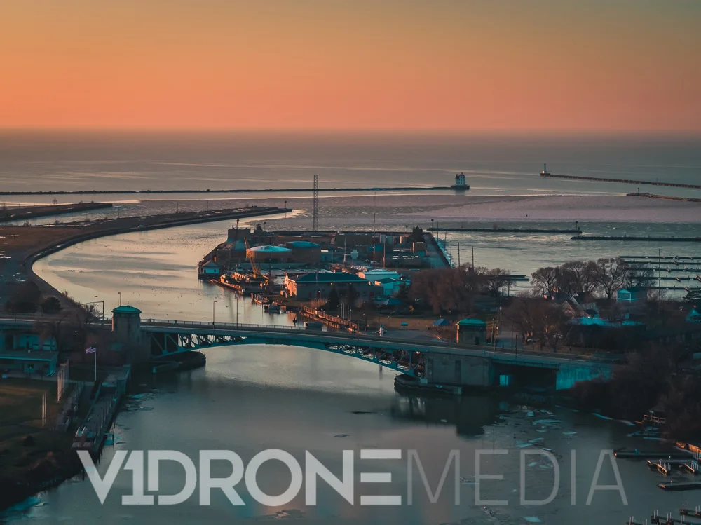 Aerial View Of The Sunset Over Port of Lorain Harbor