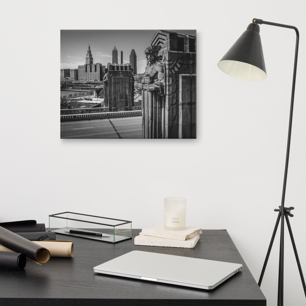 Black and White Canvas Print of Aerial (Drone ) view of Guardians of Traffic against downtown Cleveland skylin