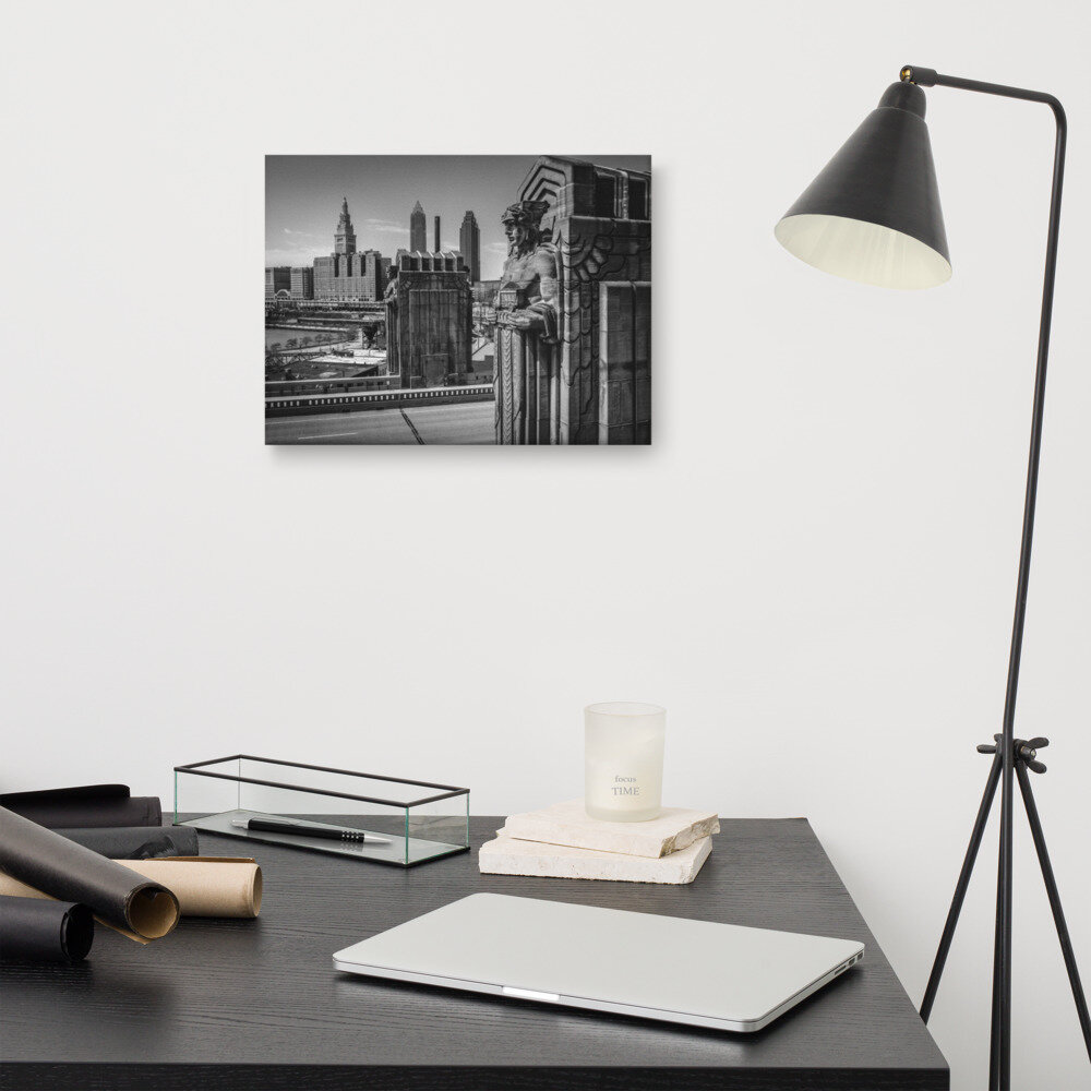 Black and White Canvas Print of Aerial (Drone ) view of Guardians of Traffic against downtown Cleveland skyline