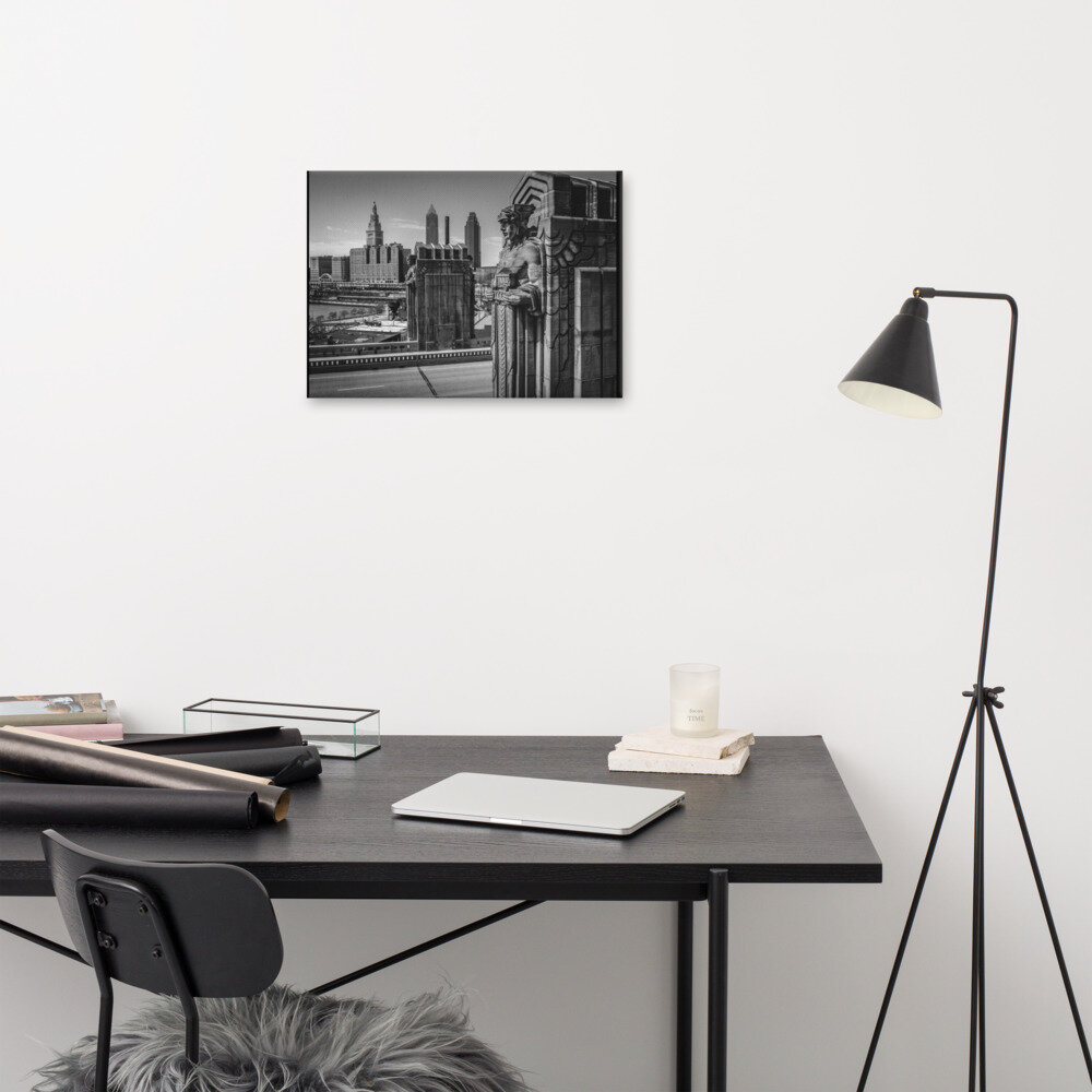 Black and White Canvas Print of Aerial (Drone ) view of Guardians of Traffic against downtown Cleveland skylin