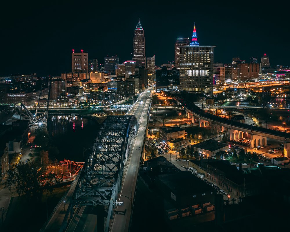 Canvas Print of Downtown Cleveland Skyline at Night — V1DroneMedia Drone Photography Video Services