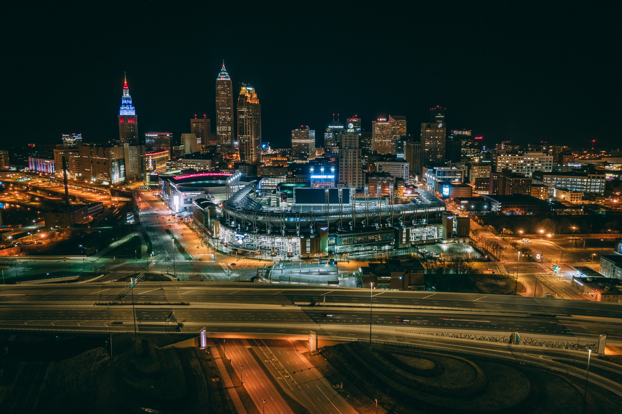 Cleveland Downtown Skyline At Nighttime Canvas — V1dronemedia Drone
