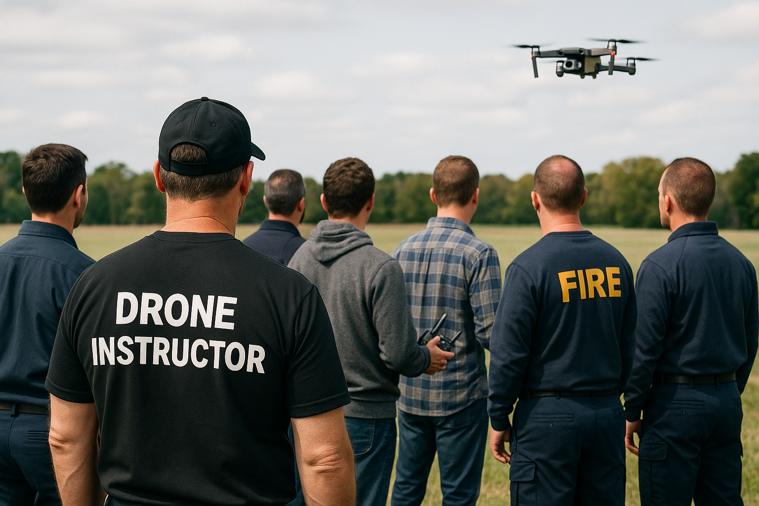 Drone Instructor with first responder students outside flying drone